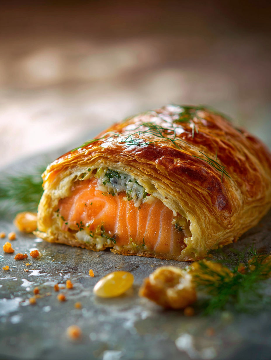 Une tourte de saumon et pâte brisée avec des herbes et des noix.