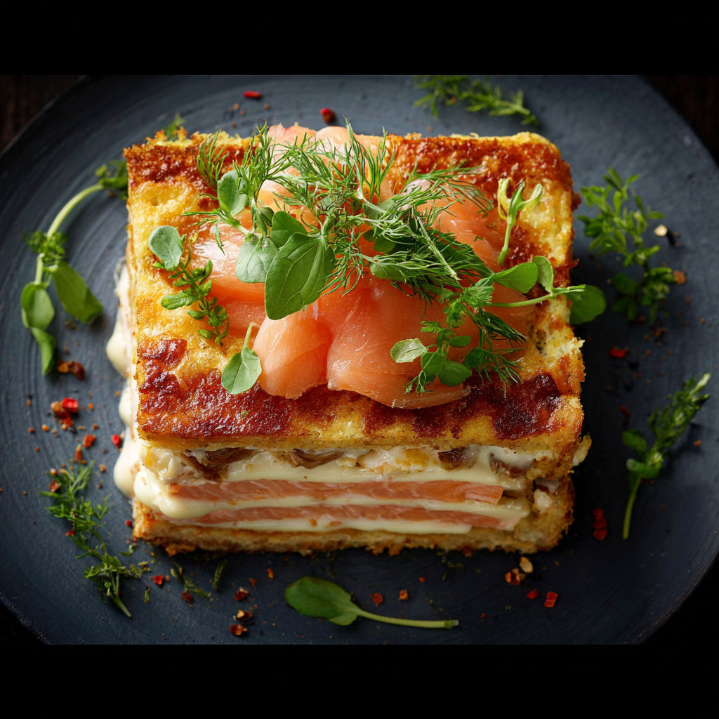 Une tarte au saumon et aux légumes sur un plateau noir.