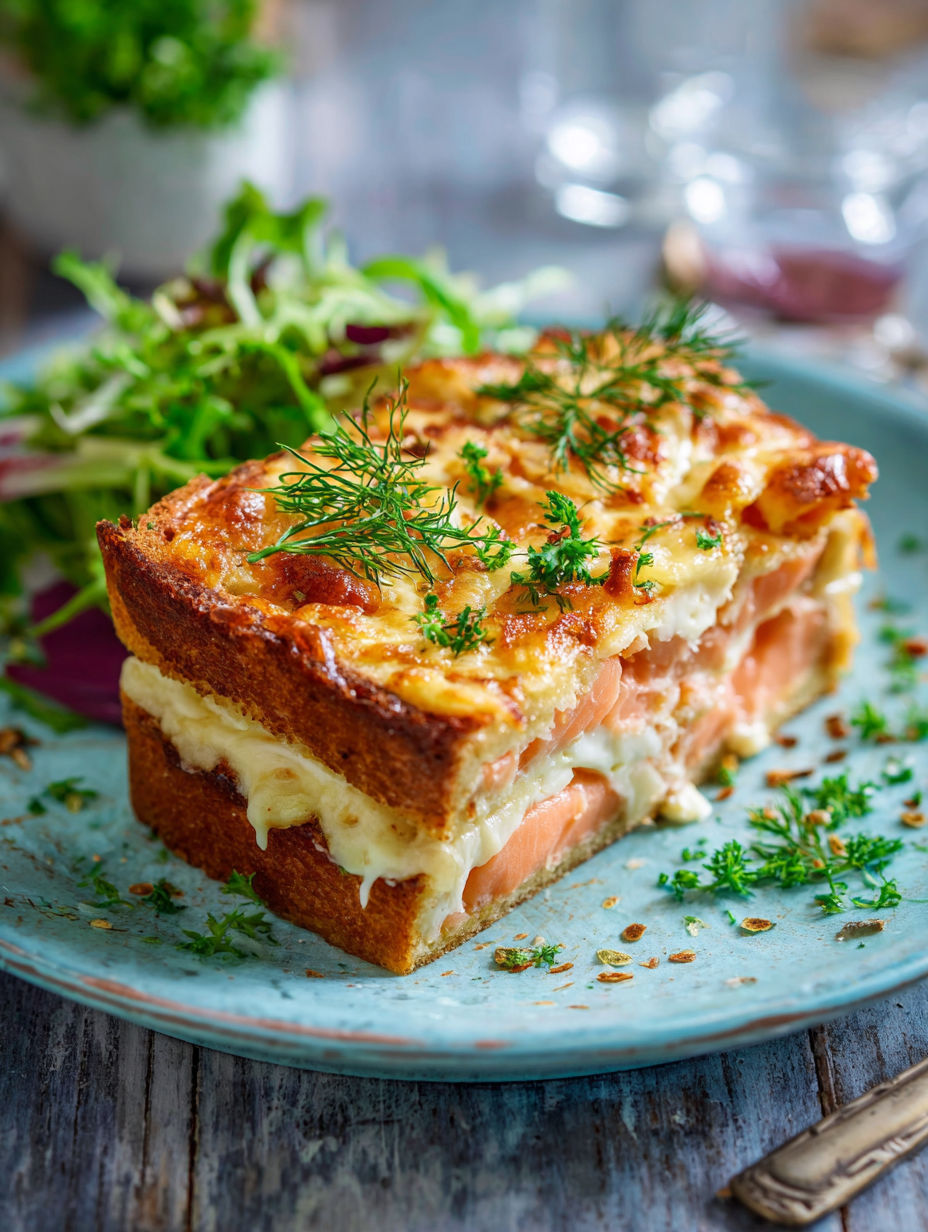 Une tarte aux pommes et aux herbes, accompagnée d'une salade verte, est servie sur un plateau.