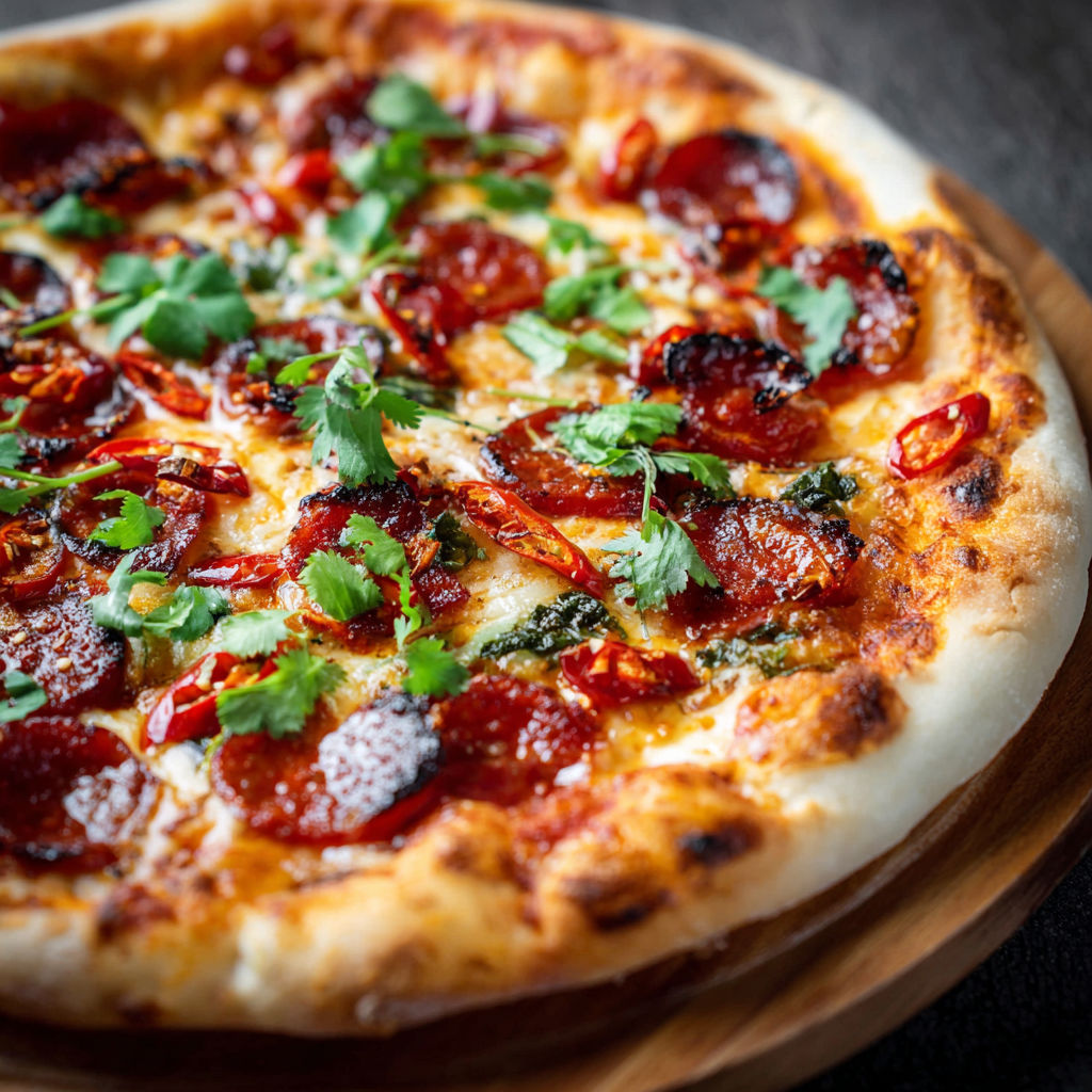 Une pizza orientale avec des ingrédients tels que des tomates, des oignons, des herbes et des sauces.