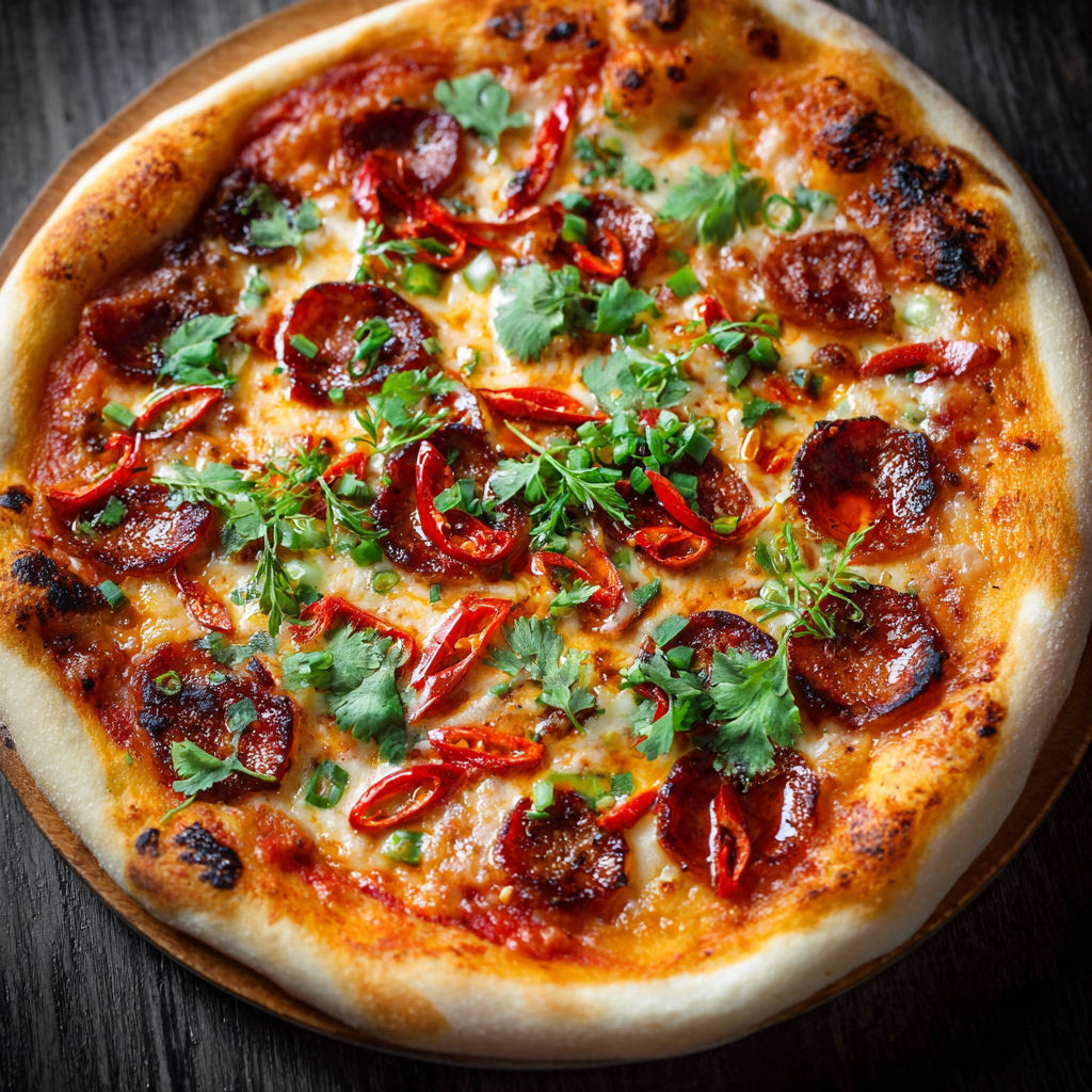 Une pizza maison avec des tomates cerises, des oignons et des herbes.