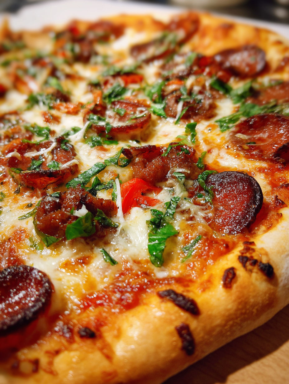 Une pizza maison avec des légumes et des saucisses.
