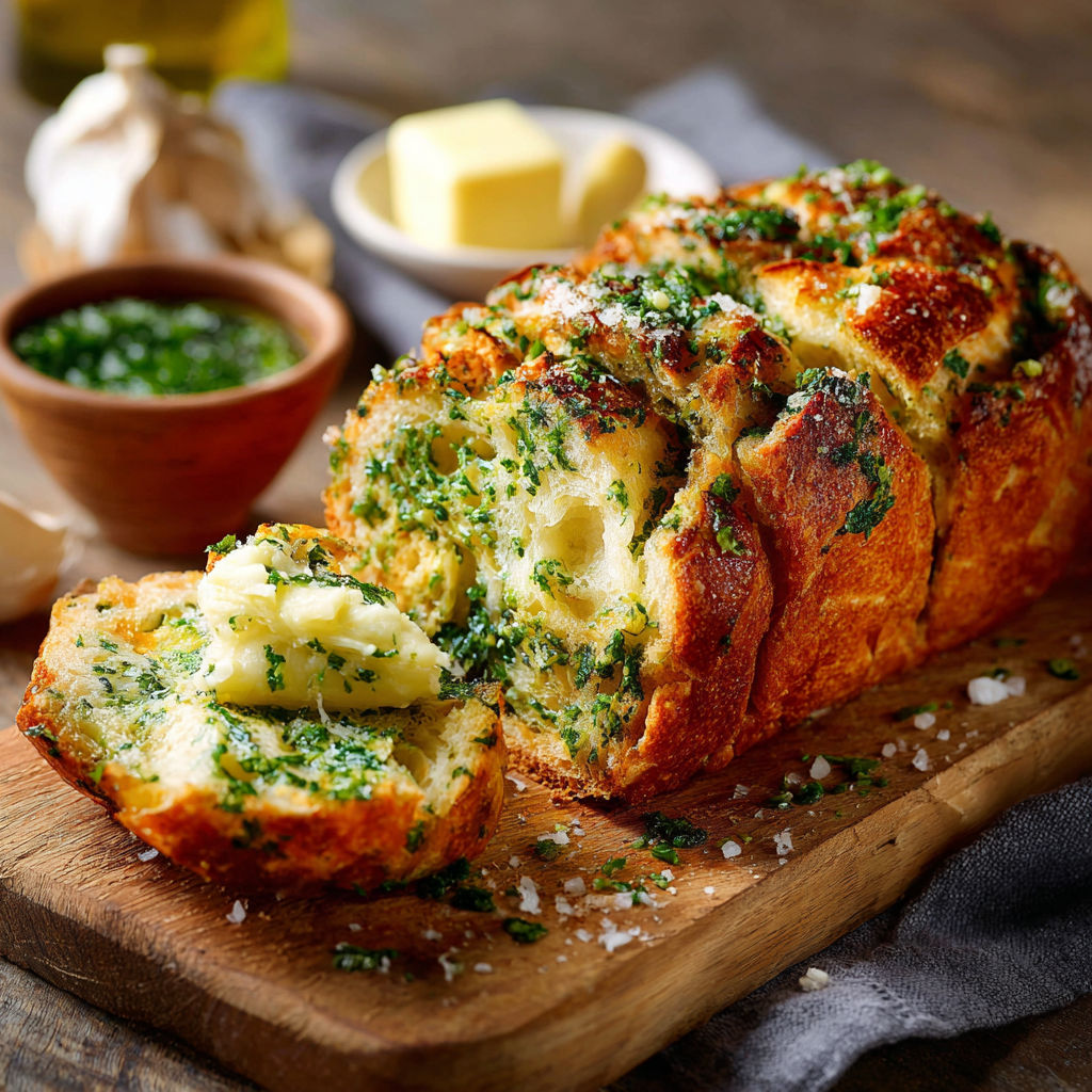 Une baguette de pain grillé avec des herbes et du fromage, accompagnée d'une sauce à base de pâte à tarte.