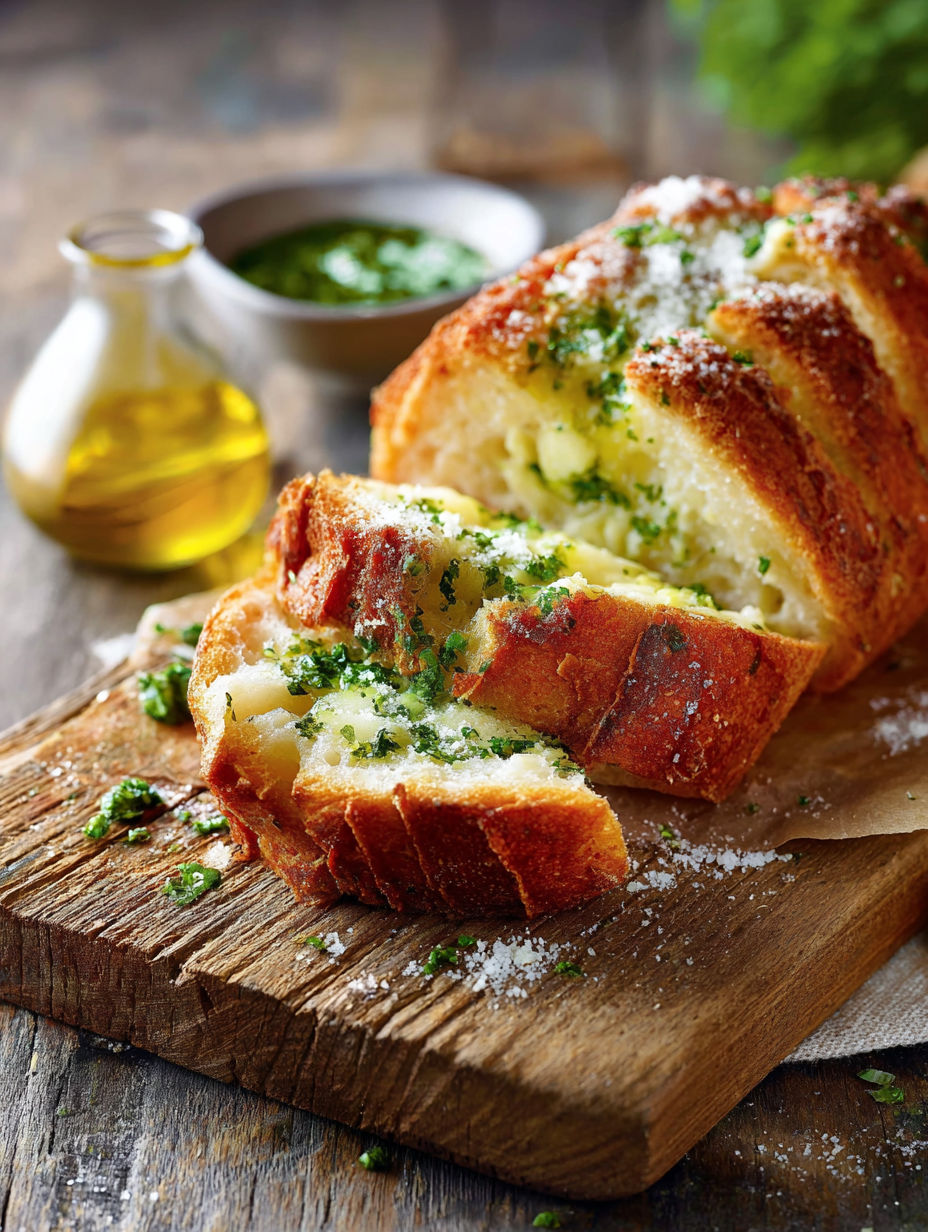 Une baguette de pain grillé avec des herbes et des sauces sur une table.