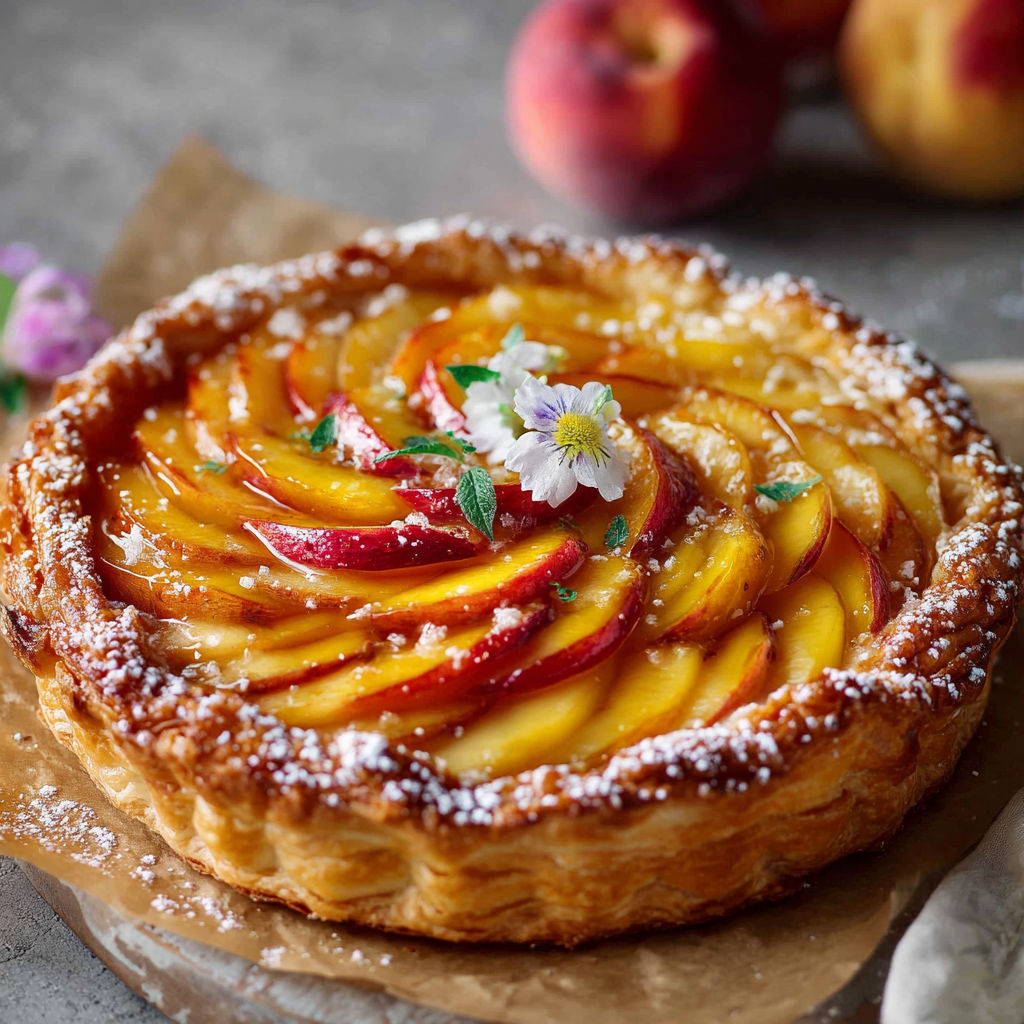 Une tarte aux fruits de saison, garnie de fleurs et de sucre, est servie sur un plateau.