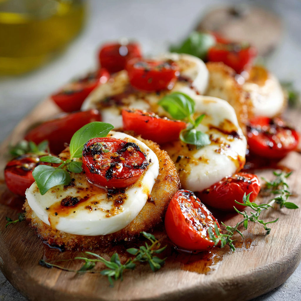 Une recette de Tian Pané, composée de tomates, de mozzarella et de basilic, est servie sur un plateau en bois.
