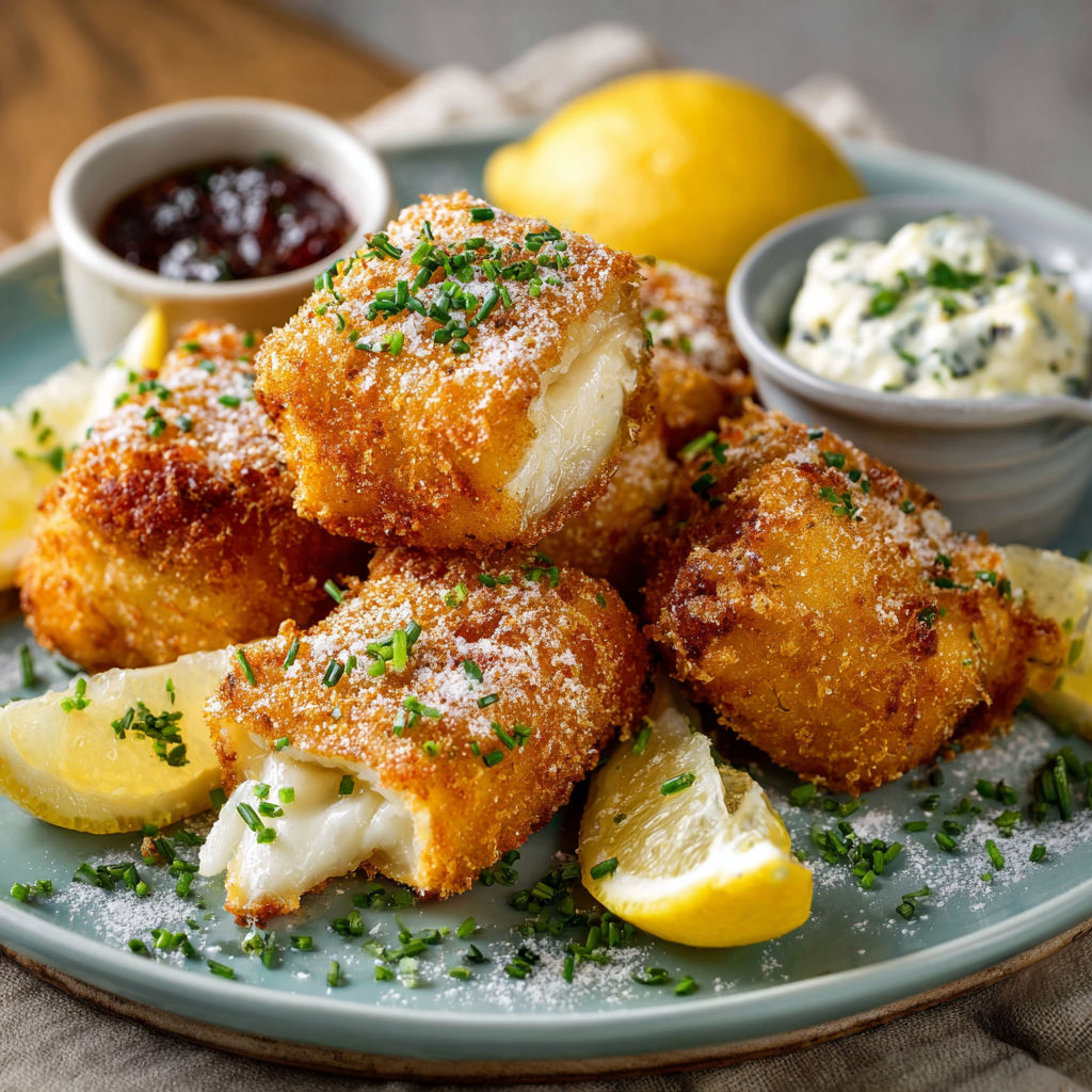 Une recette de friture de poisson avec des citrons et des herbes.