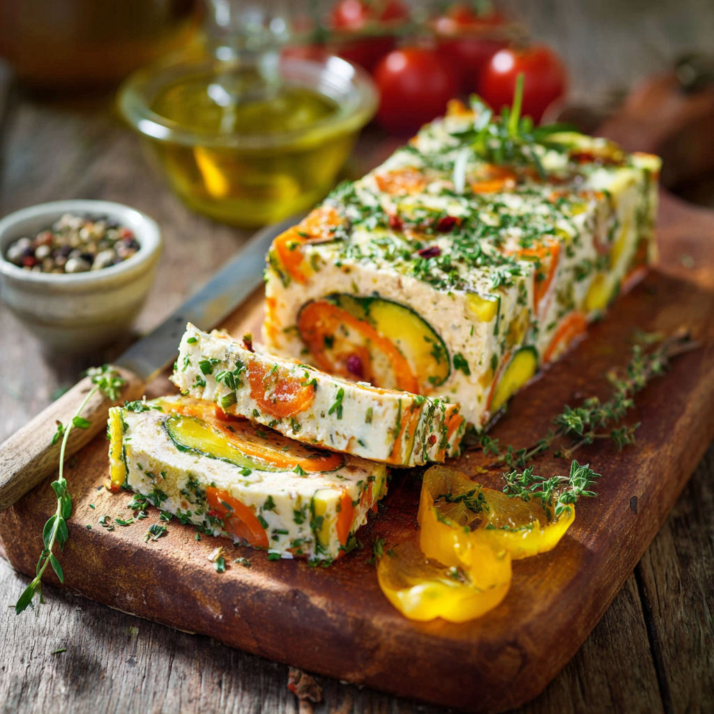 Une terrine de légumes est servie sur un plateau en bois avec une fourchette et une cuillère.