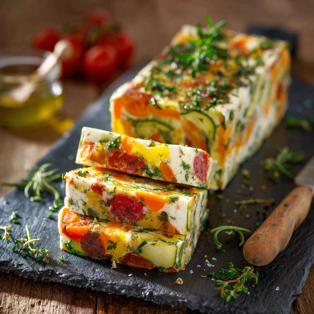 Une tarte aux légumes et fromage, composée de cucumber, tomato, et fromage, est servie sur un plateau en pierre.
