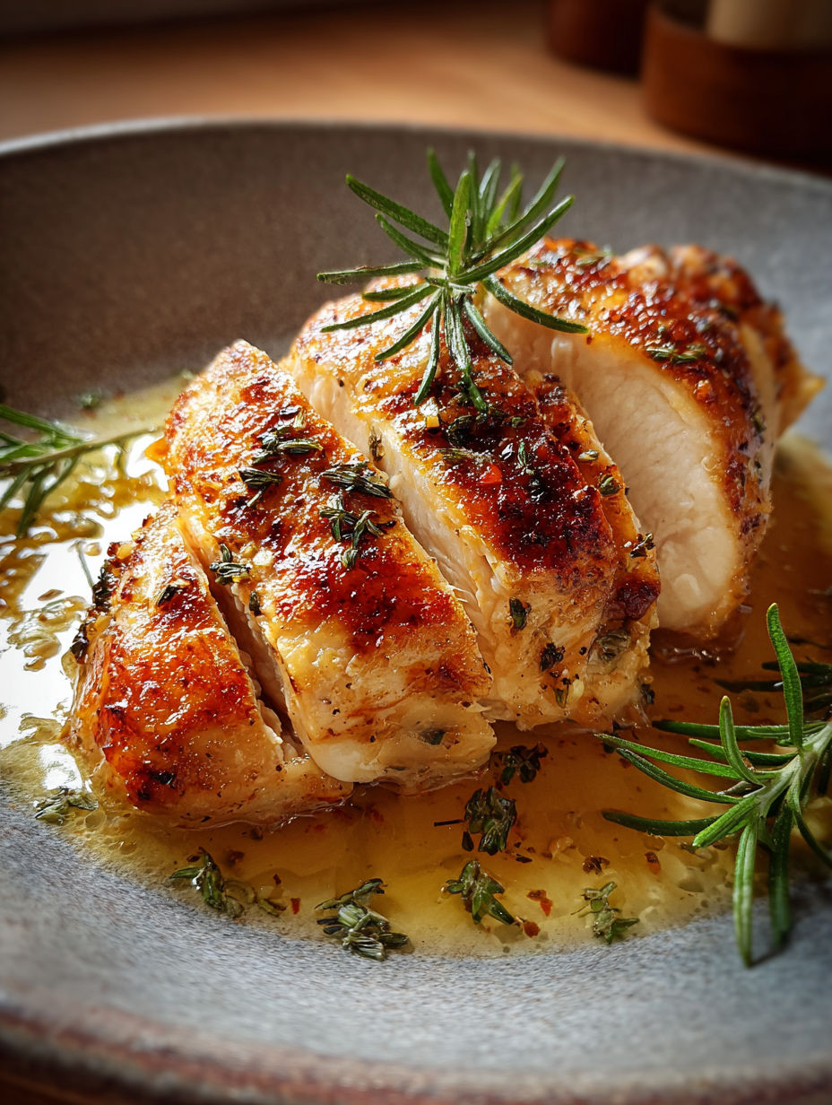 Chicken breasts with herbs and sauce, served on a plate.