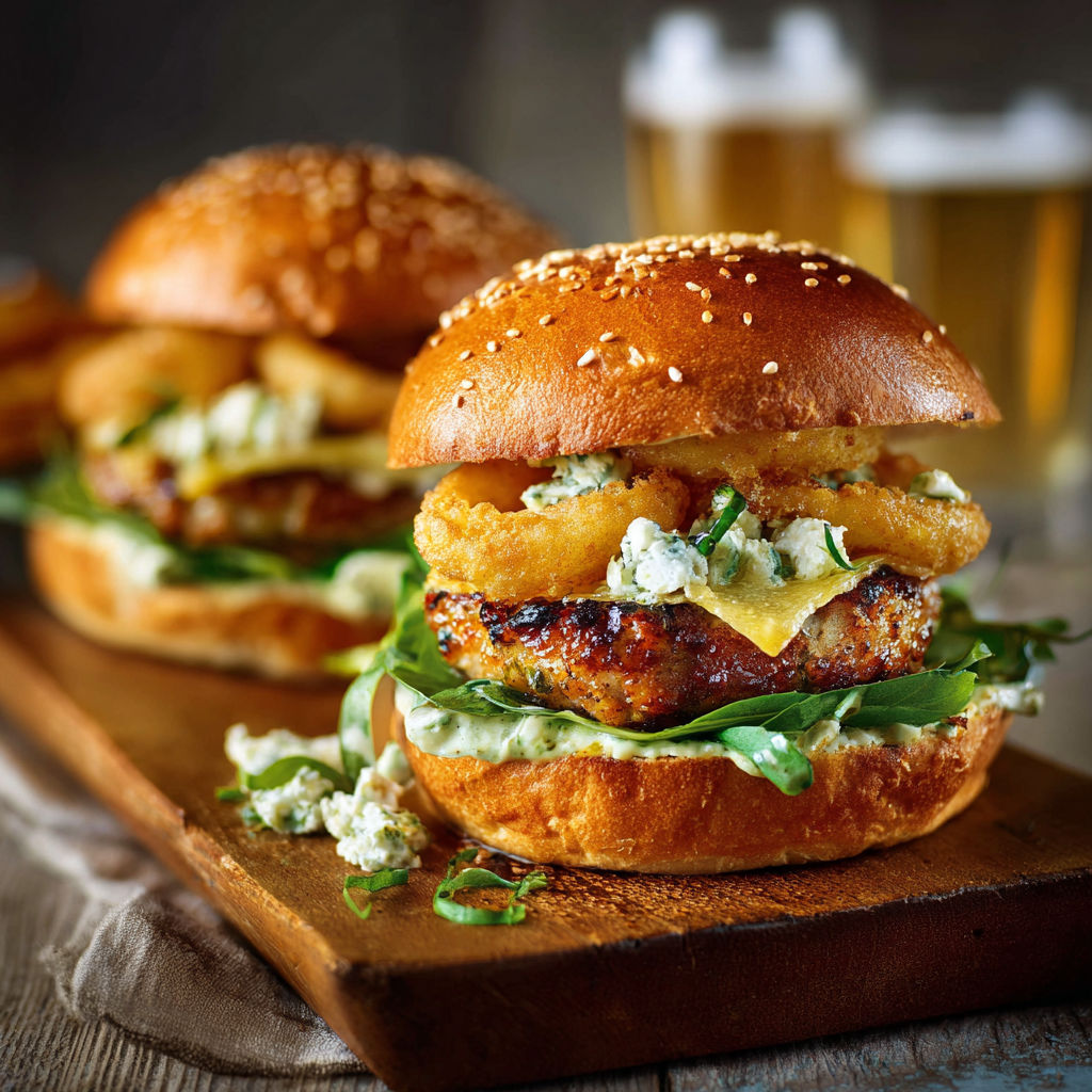 Un sandwich au poulet avec des légumes et du fromage, sur un plateau de bois.