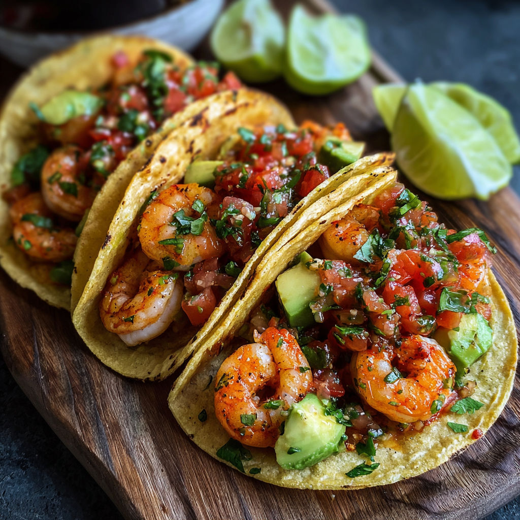 Tacos de camarones surtidos con salsa picante y aguacate.
