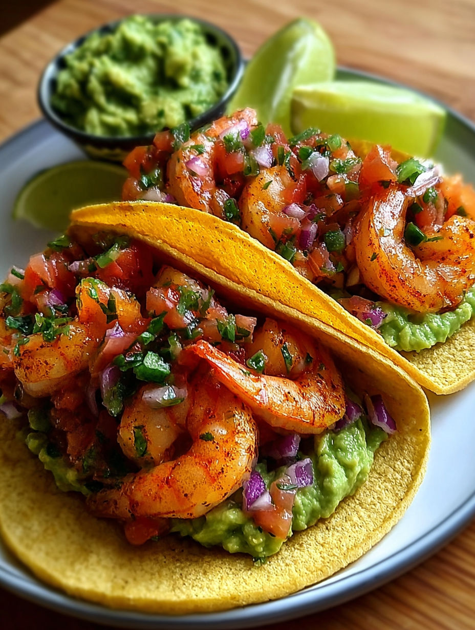 Une recette de tacos à la crevette et à la guacamole, avec des légumes frais et des épices pour une expérience culinaire délicieuse.