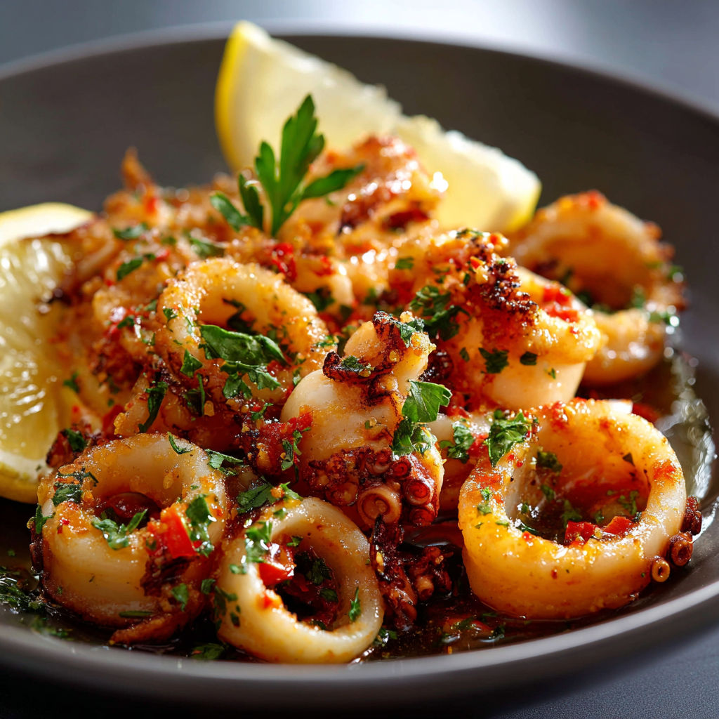 Plate of Calamars with lemon wedges and herbs.