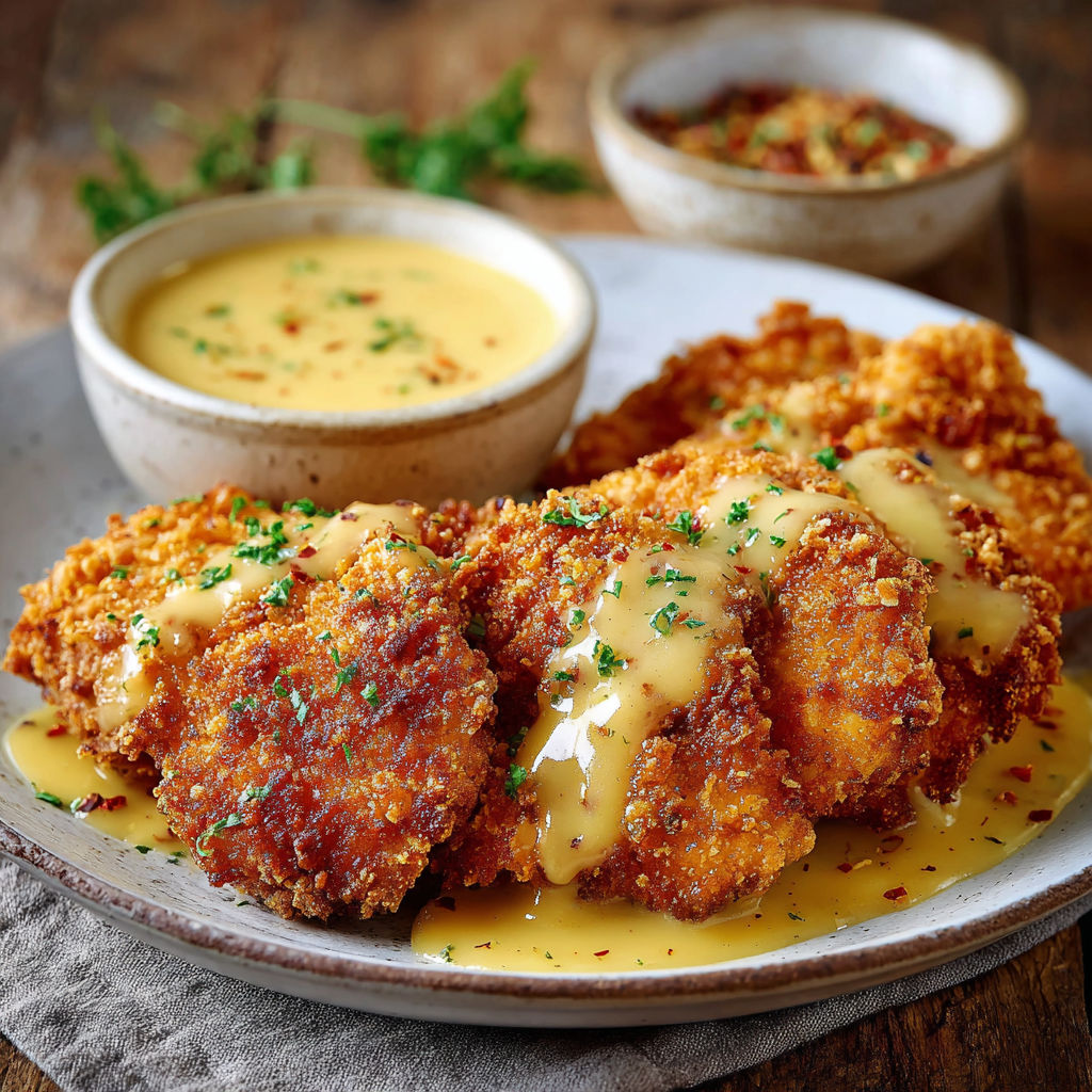 Une recette de poulet frit avec des sauces et des légumes.