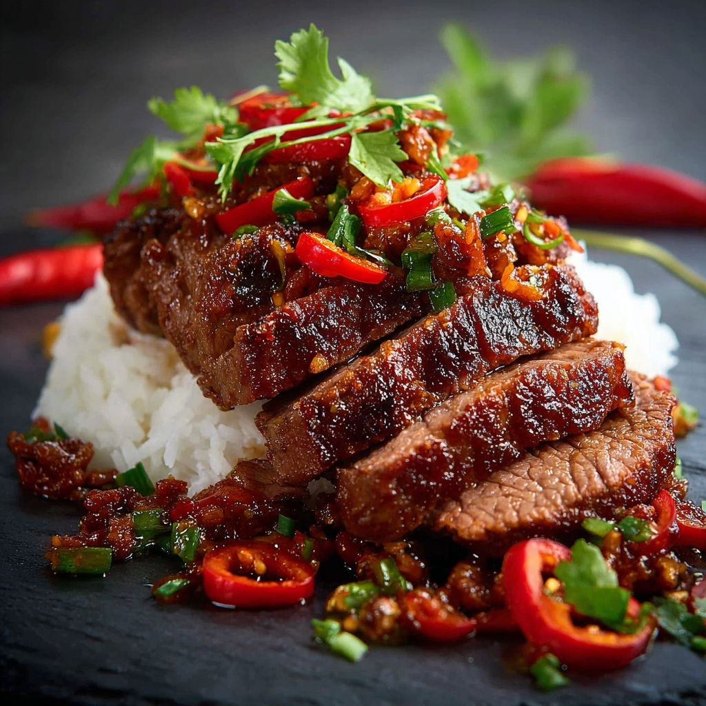 Une viande croustillante est servie avec des épices et des légumes.