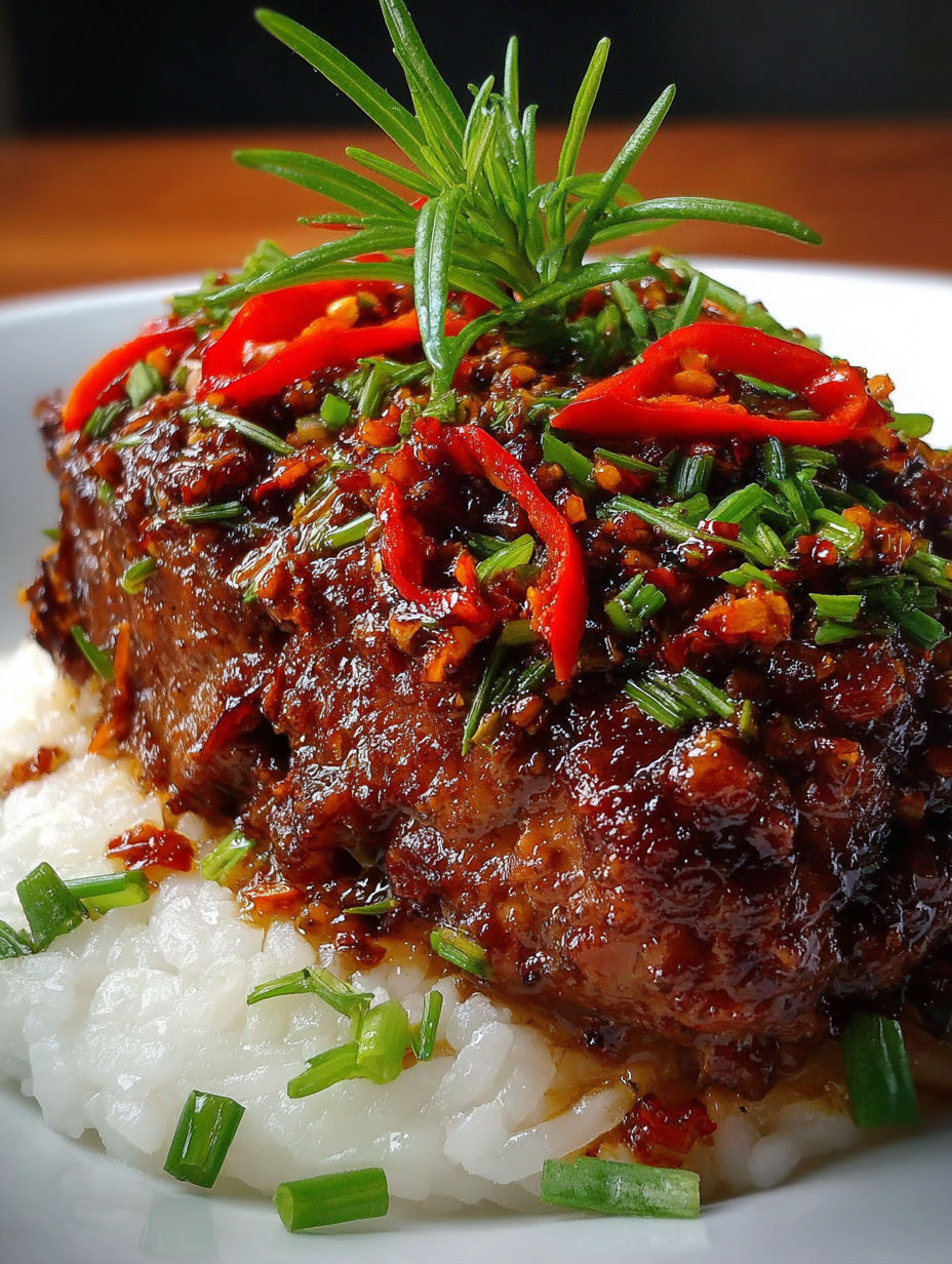 Une viande grillée avec des épices et des herbes sur un plat de riz.