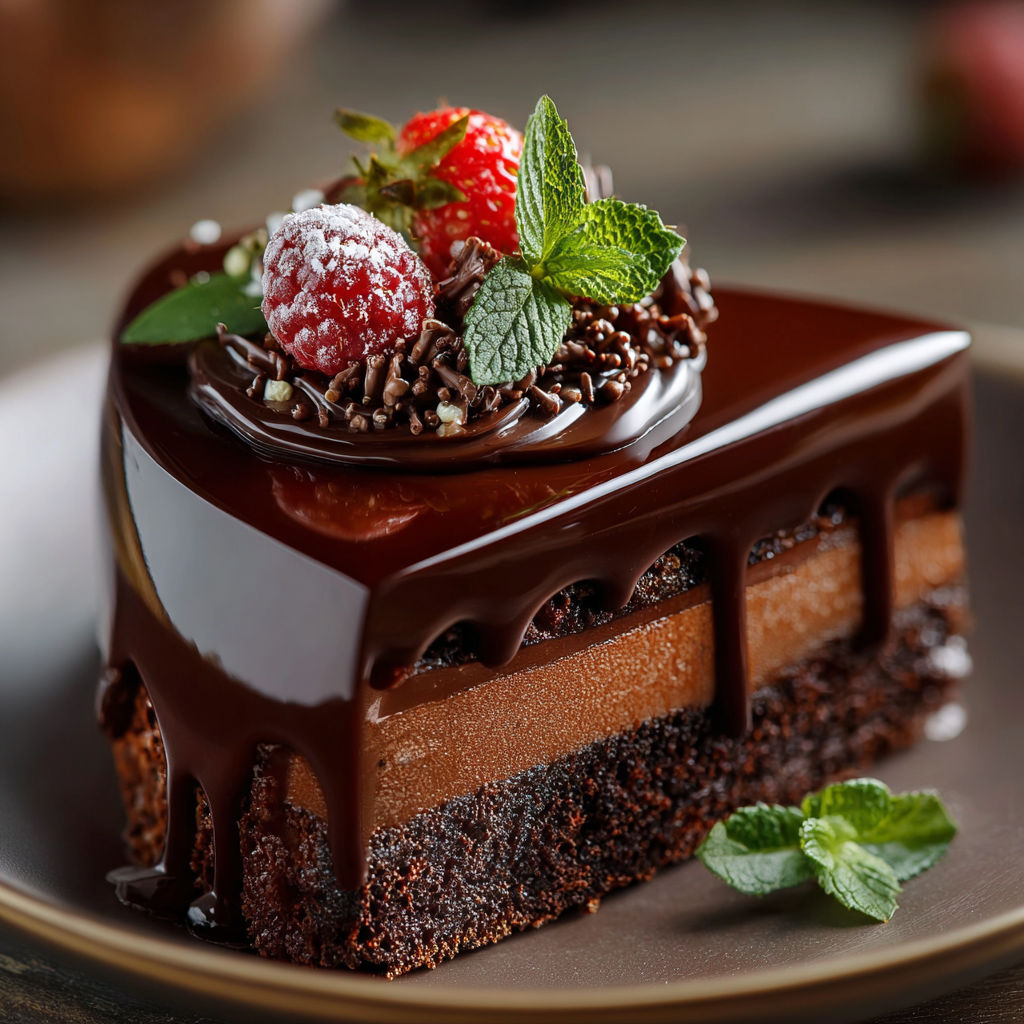 Une tarte chocolat garnie de fraises et de menthe, présentée sur un plateau.