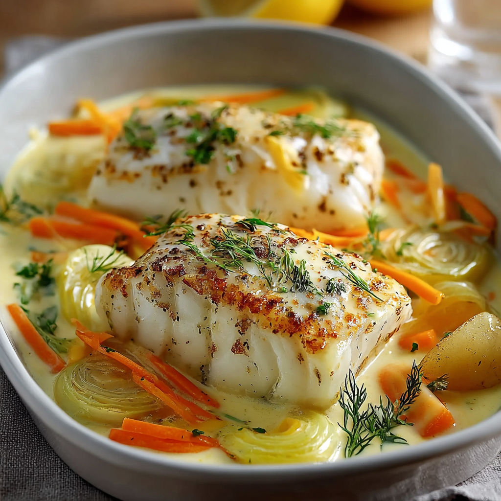 Filets de poisson avec des légumes et des herbes, servis dans un bol.