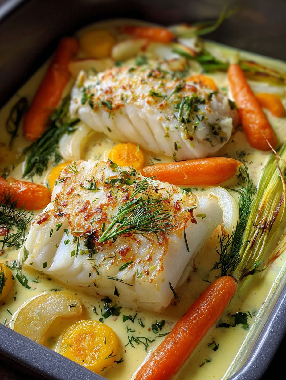 Un filet de poisson avec des carottes et des herbes dans une sauce au citron.