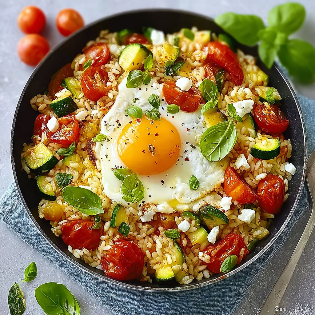 Un oeuf poché dans un bol de riz sauté avec des légumes.