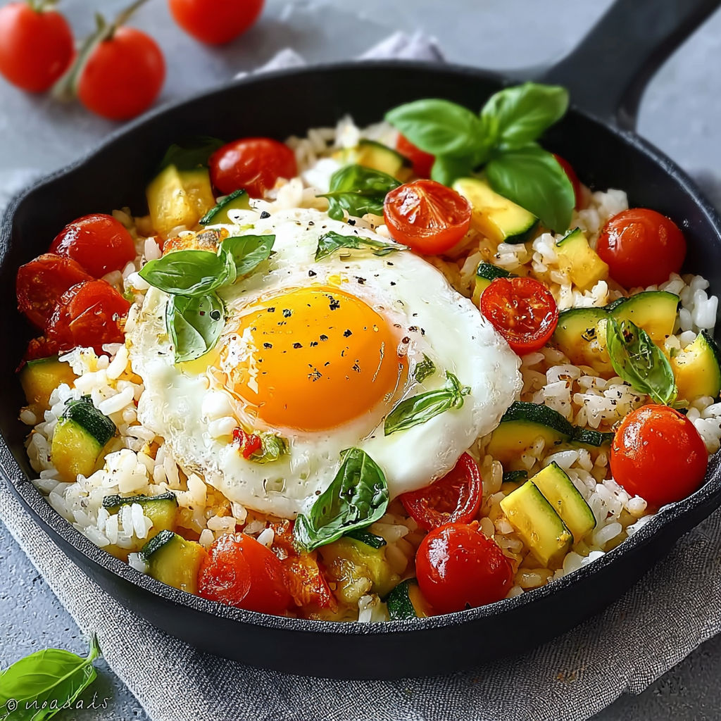 Une poêle noire contenant des légumes et des oeufs.