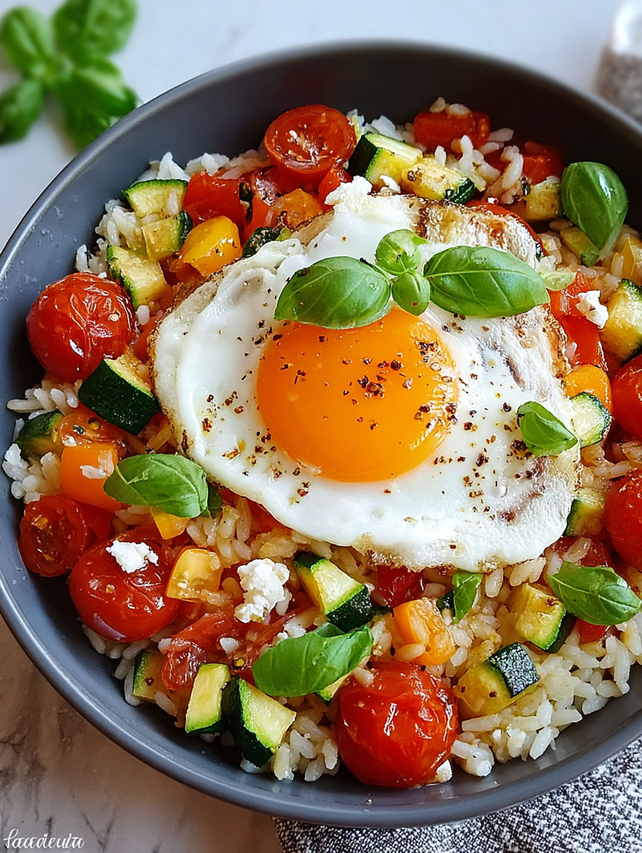 Une recette de riz aux tomates et aux herbes, avec une omelette au centre.