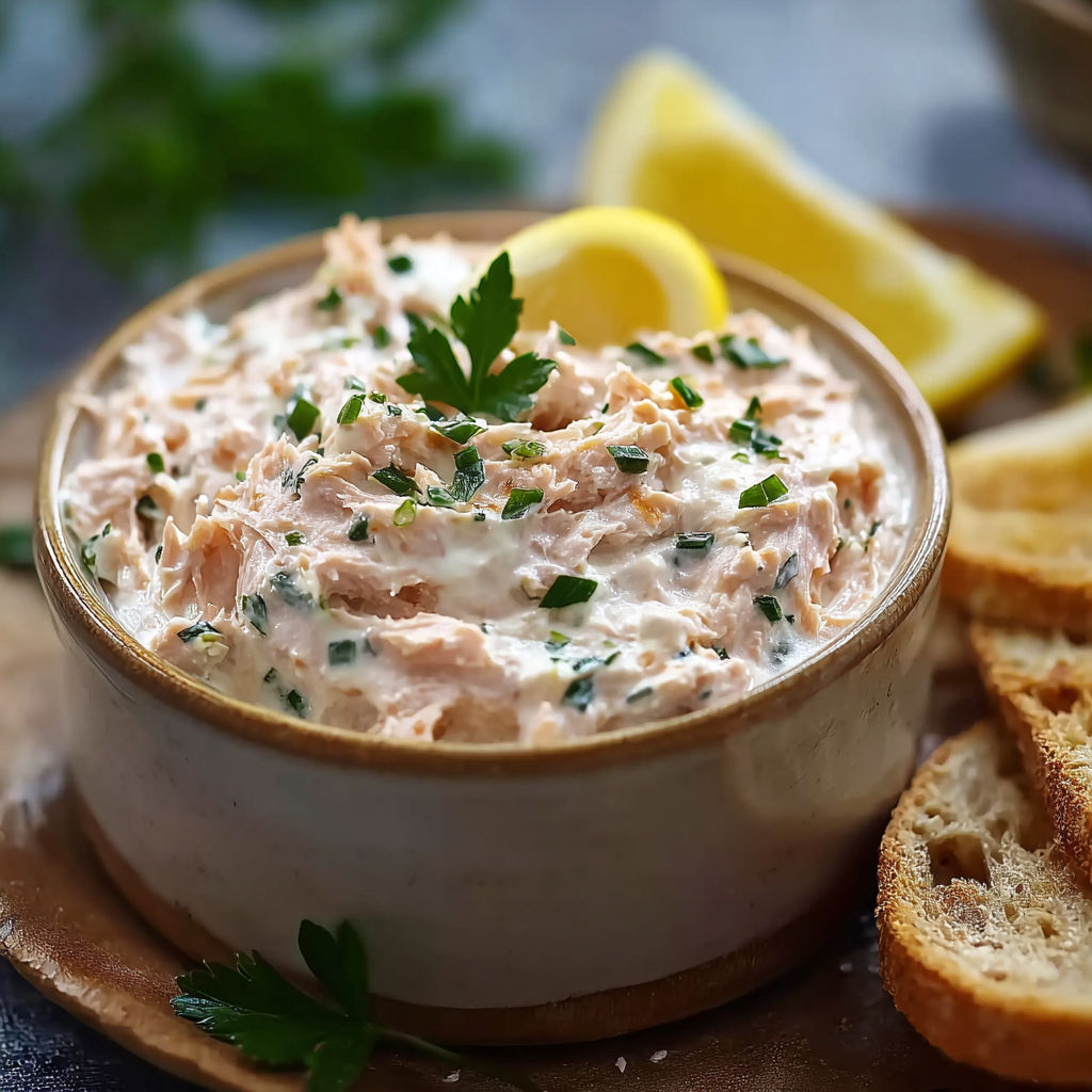 Une assiette de crème de salmon est servie avec des tranches de pain grillé.