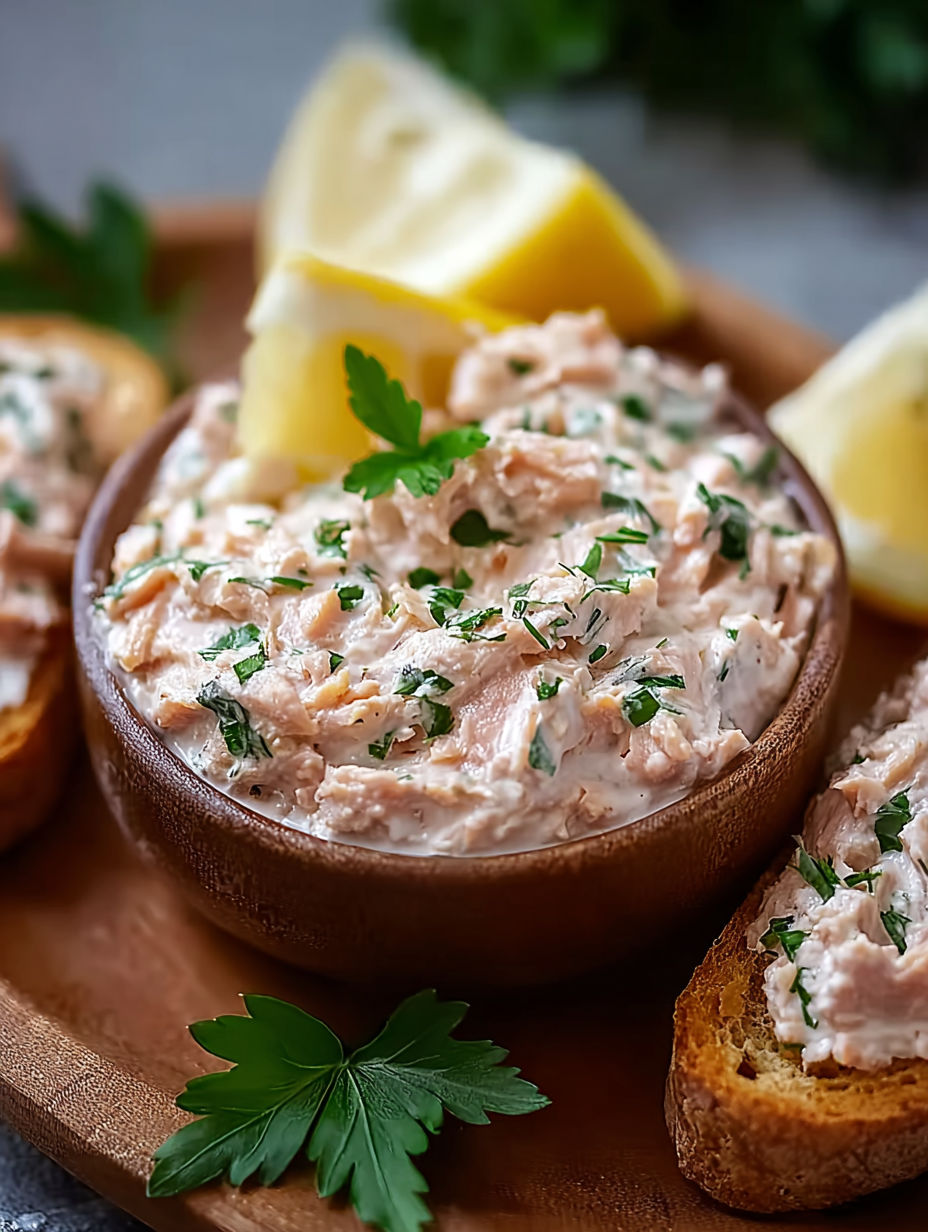 Une recette de salade de saumon et de concombre est servie dans des moules en terre cuite.