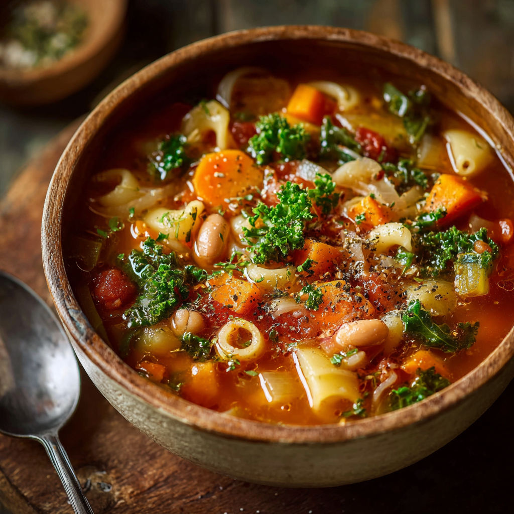 Une soupe minestrone chaude et savoureuse, remplie de légumes et de macaronis.