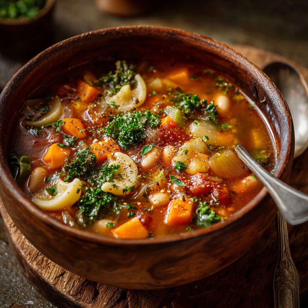 Une soupe de légumes et de haricots est servie dans un bol en bois.