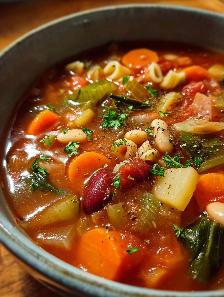 Une soupe de légumes et de pâtes, avec des carottes, des haricots verts et des noix de macaroni.