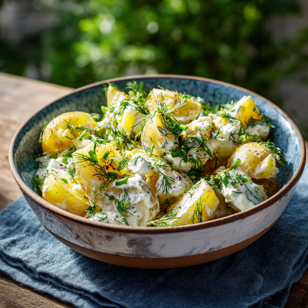 Une salade de pommes de terre et de potiron, garnie de herbes et de fromage, est servie dans un bol sur une table.