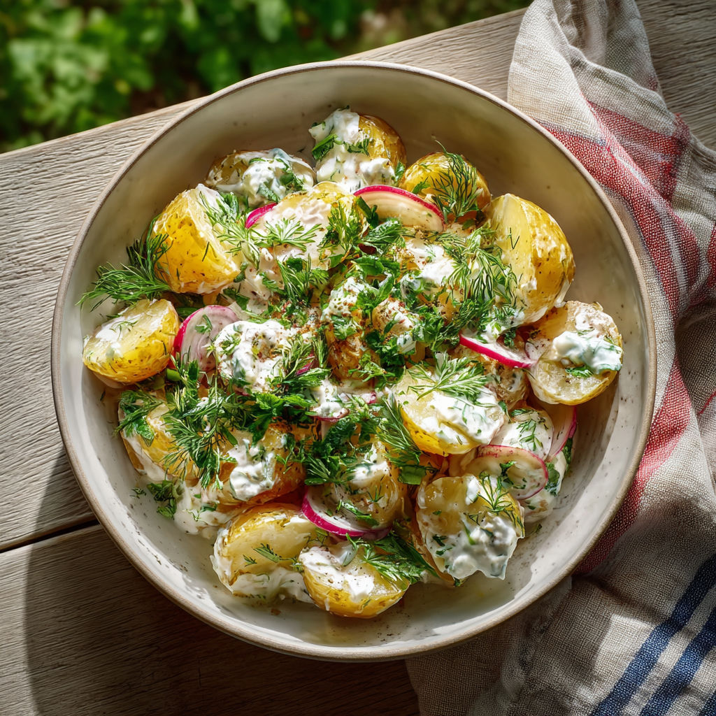 Une salade de pommes de terre et de potiron, avec une sauce blanche et des herbes, est servie dans un bol sur une table.