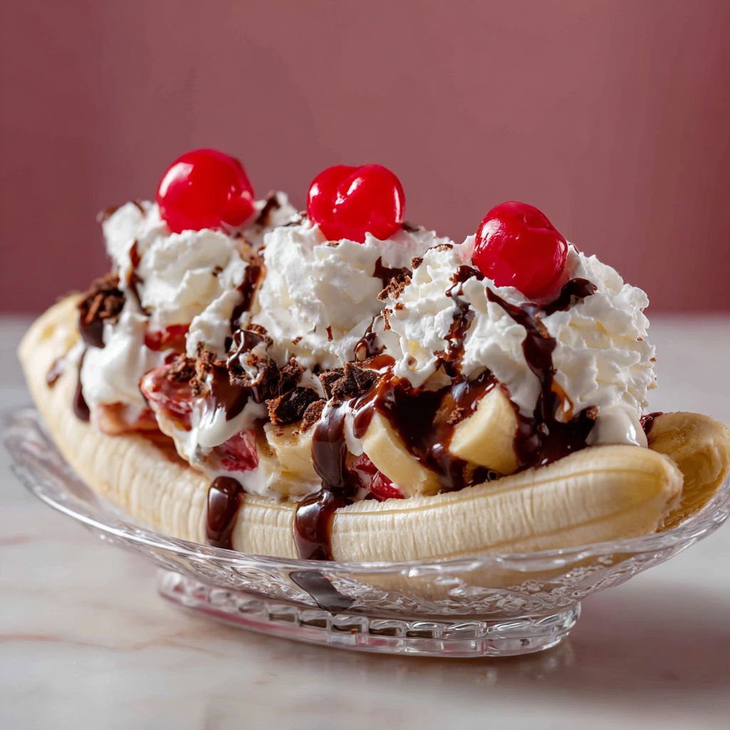 Une banana split garnie de cerises et de chocolat.