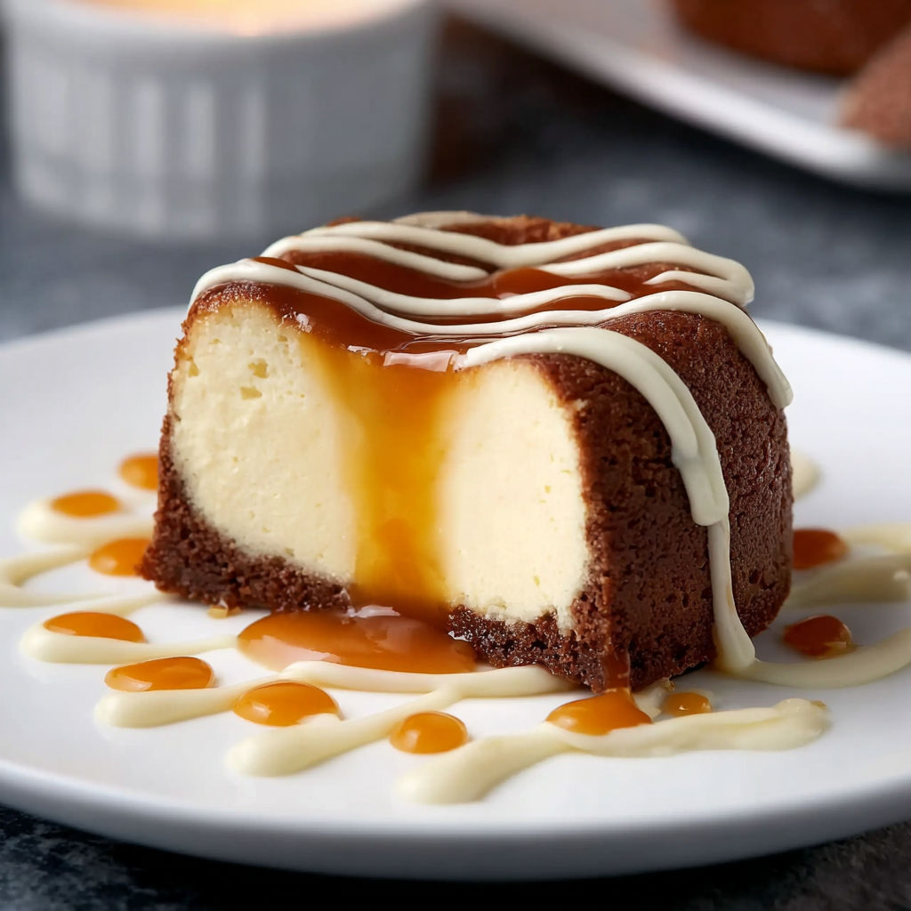 Une tarte au chocolat délicieuse, garnie de sauce caramel, sur un plateau.