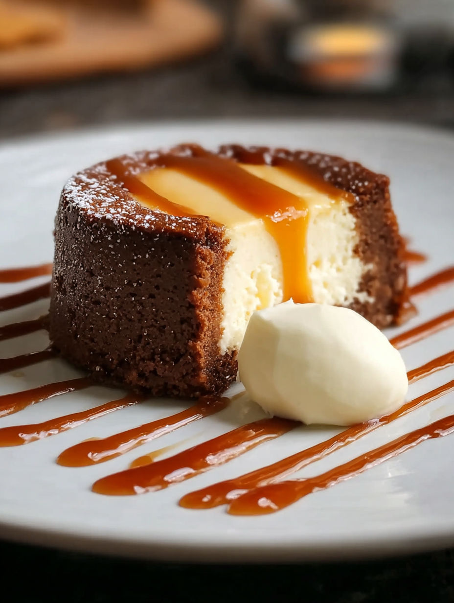 Une tarte au chocolat avec une sauce caramelisée sur le dessert.