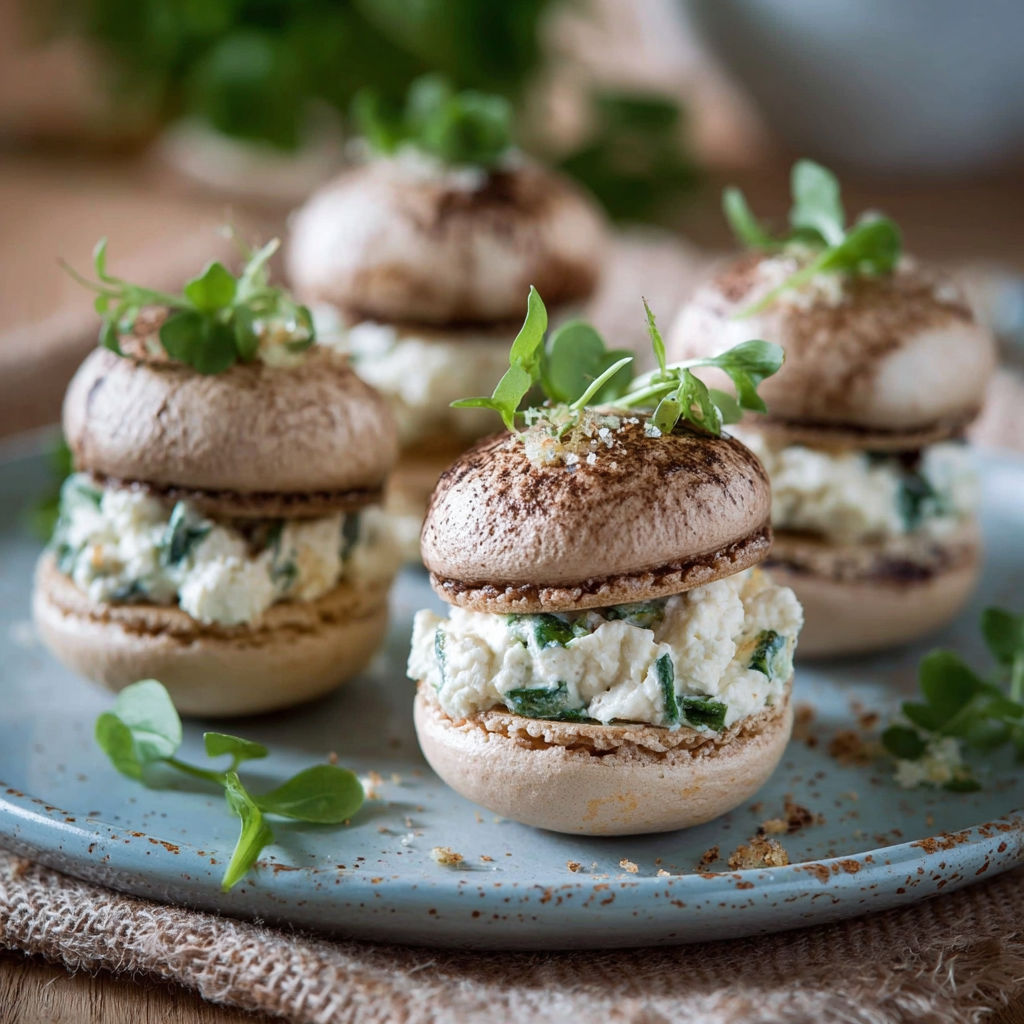 Petites tartes de fromage et herbes sur un plateau.