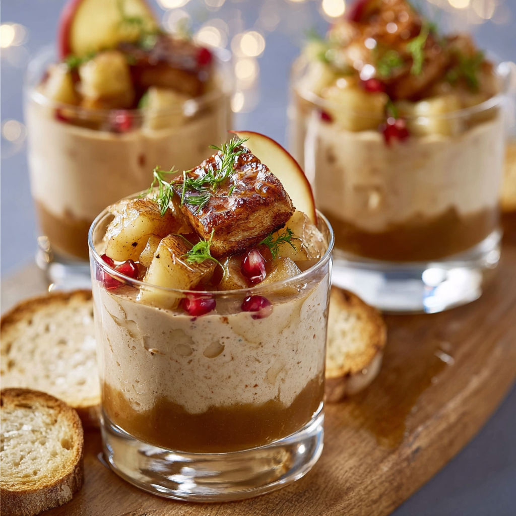 Verrines foie garnis avec des fruits et des herbes, servis dans des verres.