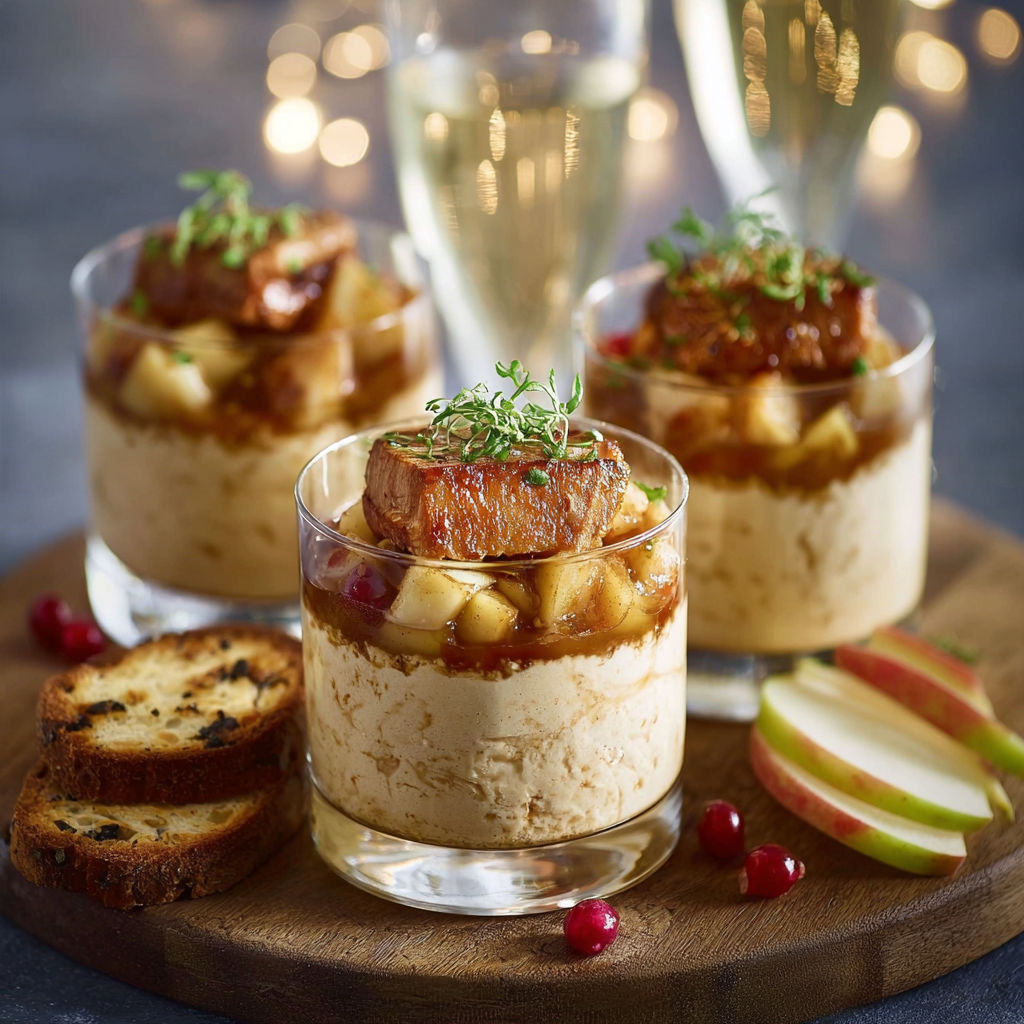 Une tarte aux pommes et à la viande, accompagnée de croutons et de champagne, est servie sur un plateau.