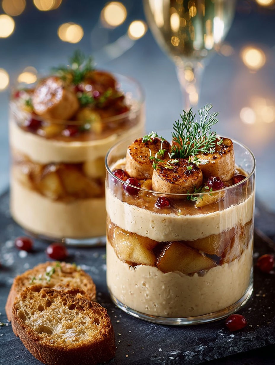 Une tarte aux pommes et aux raisins, accompagnée d'une tranche de pain grillé, est servie dans un verre.