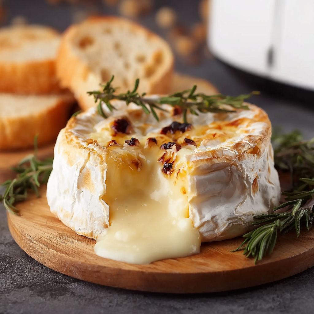 Une tarte au fromage ultra-sucrée, garnie de herbes et de pain grillé, est servie sur un plateau.