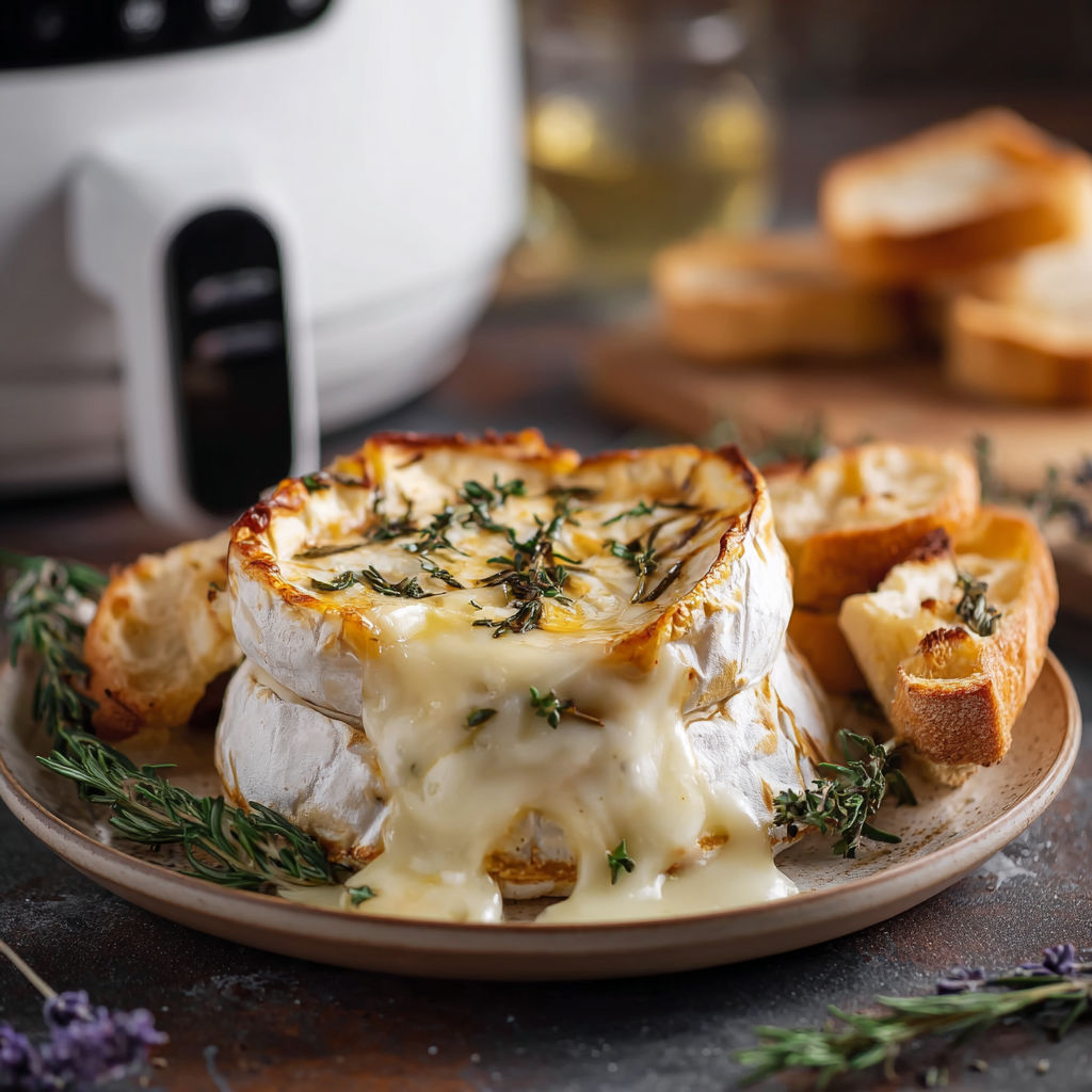 Une tarte au fromage au lait et aux herbes, accompagnée de pain grillé et de croissants, est servie sur un plateau.