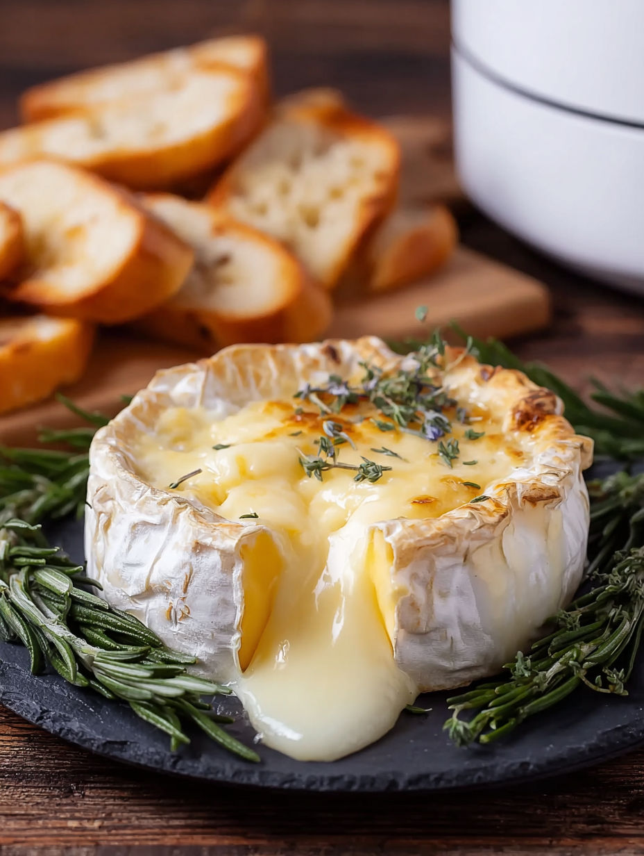 Une tarte au fromage sur un plateau, avec des tranches de pain et des herbes.