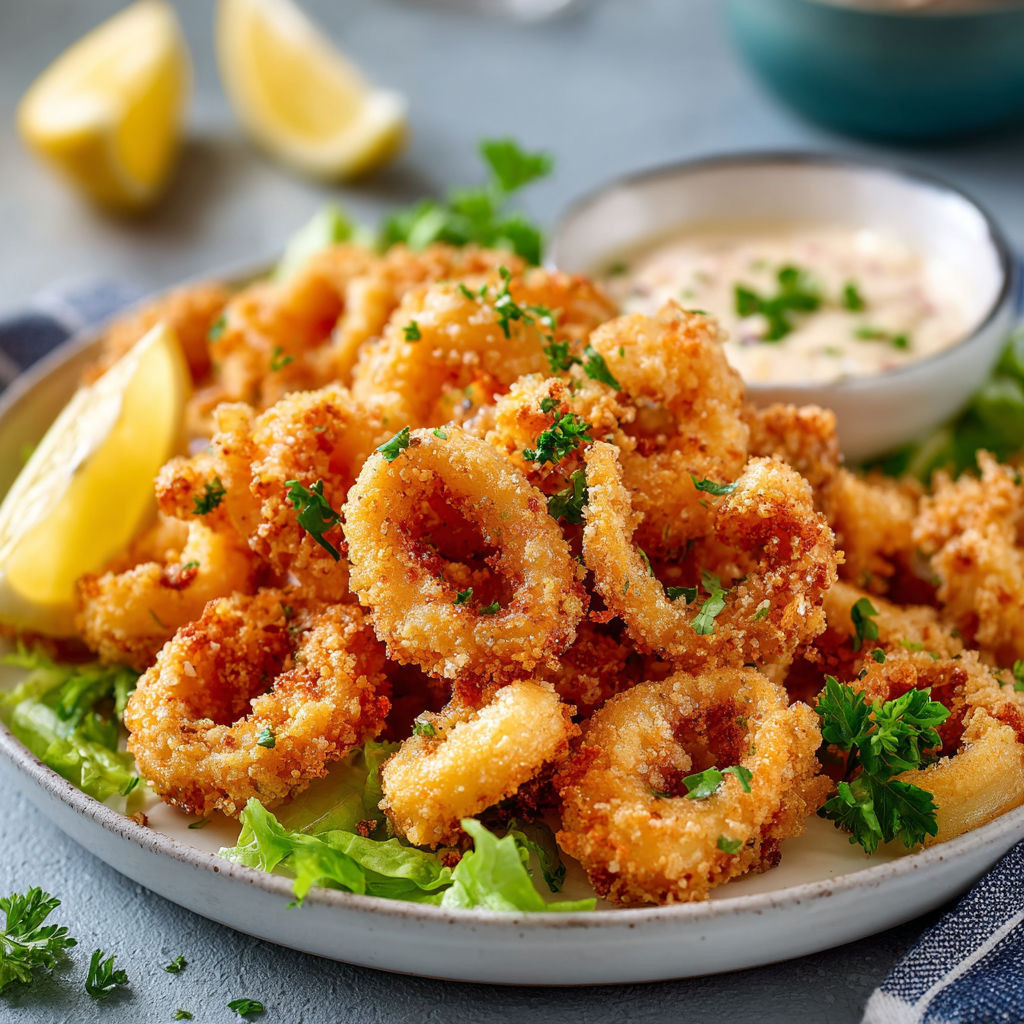 Une assiette de calamars à la sauce tomate et herbes, accompagnée de citrons.