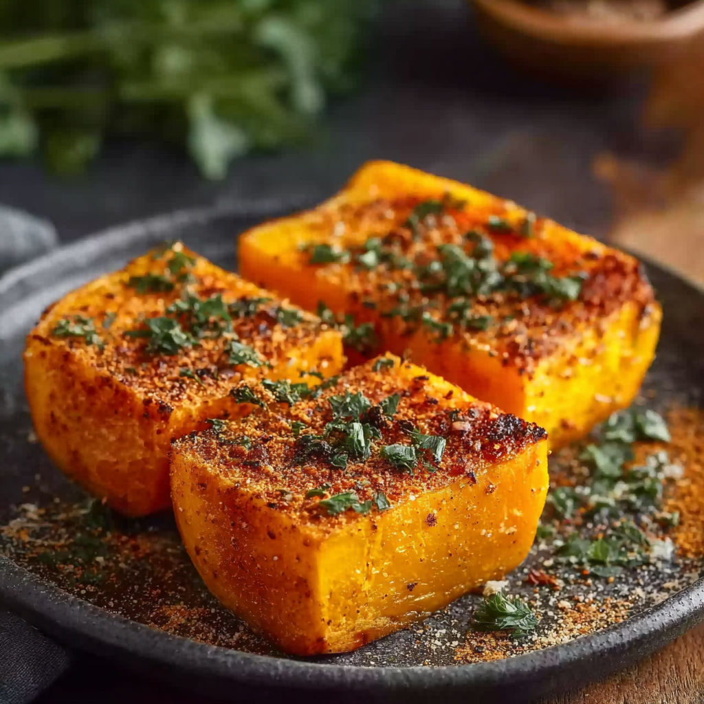 Une carotte butternut est servie sur un plateau avec des herbes et des épices.