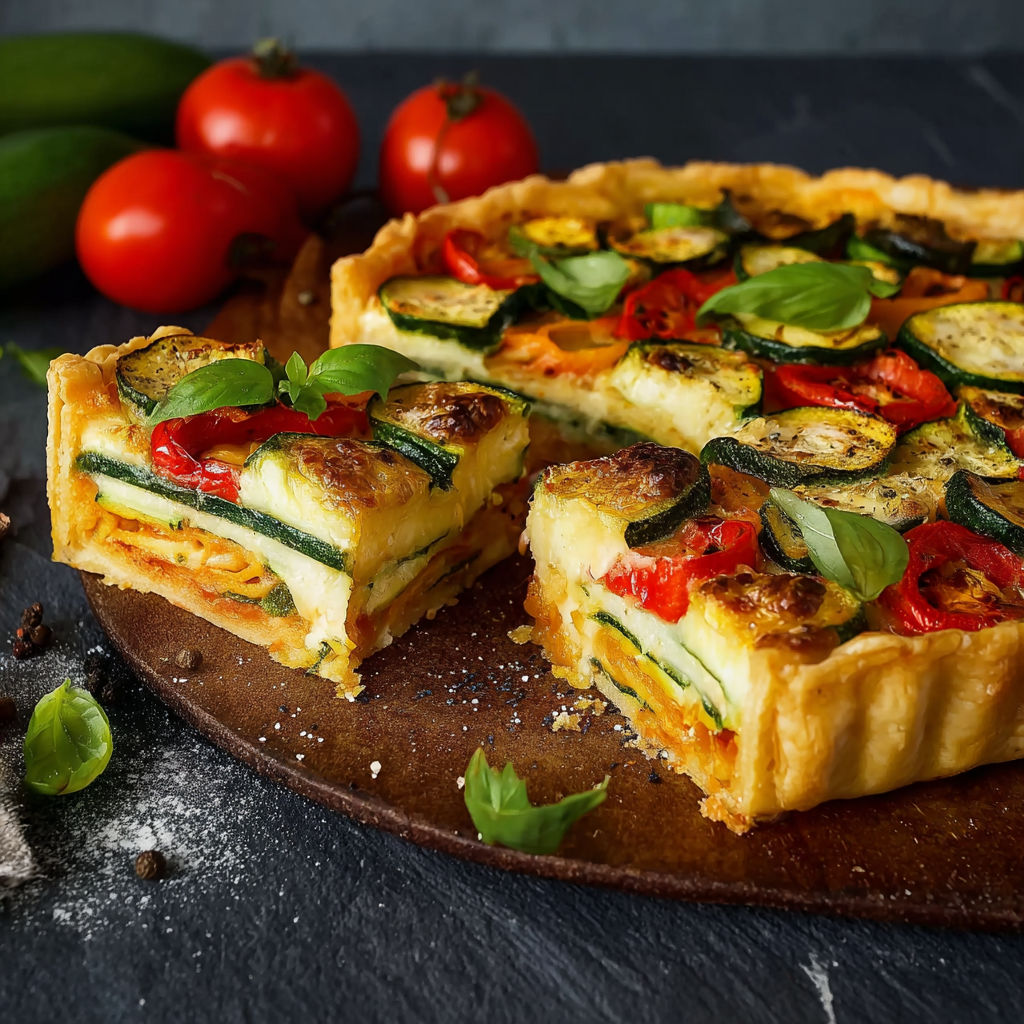 Une tarte aux légumes, avec des tomates, des courgettes et des épinards, est servie sur un plateau.