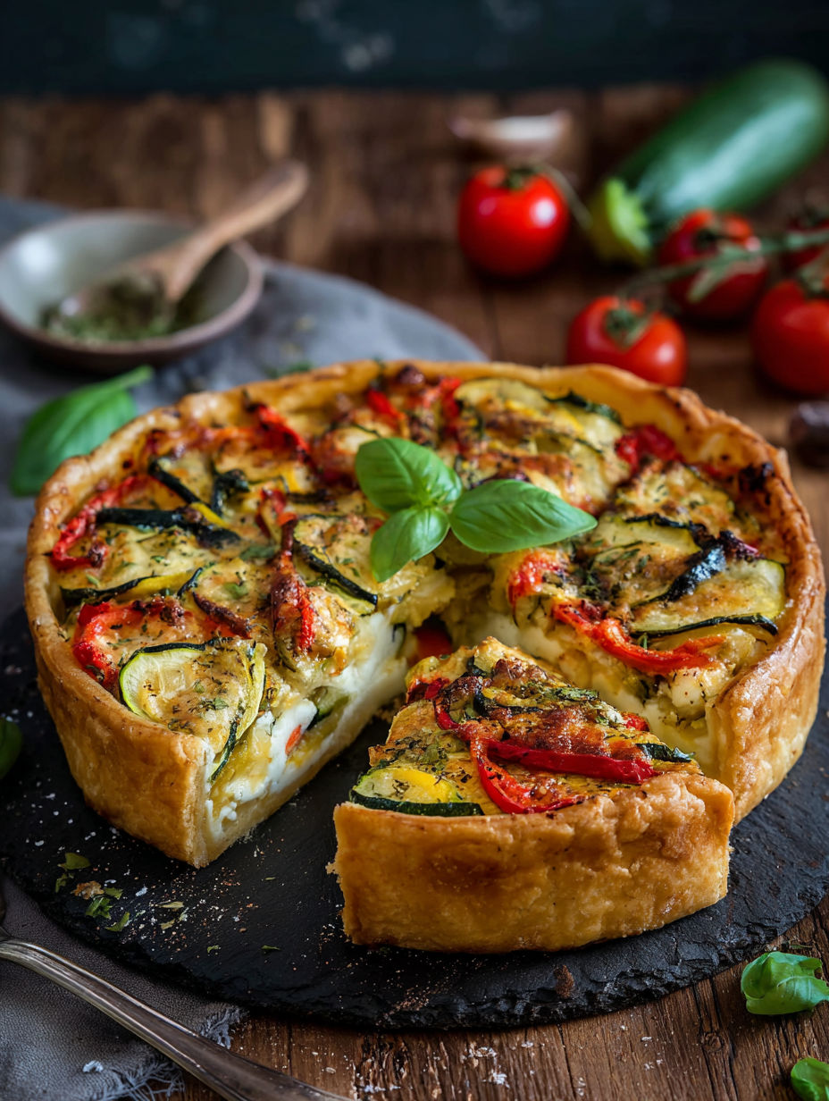 Une tarte aux légumes colorés, avec des tomates, des courgettes et des herbes, est servie sur une table.