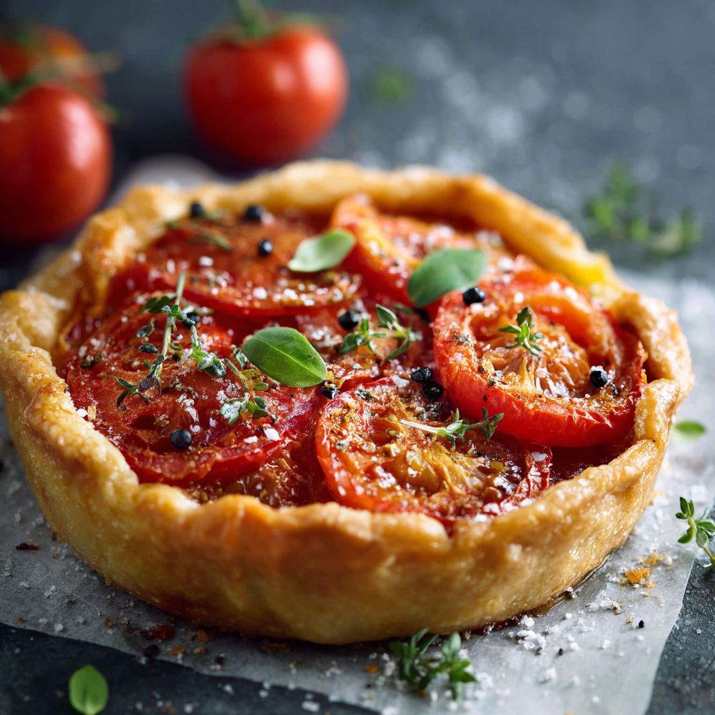 Une tarte à la tomate est servie sur une table.