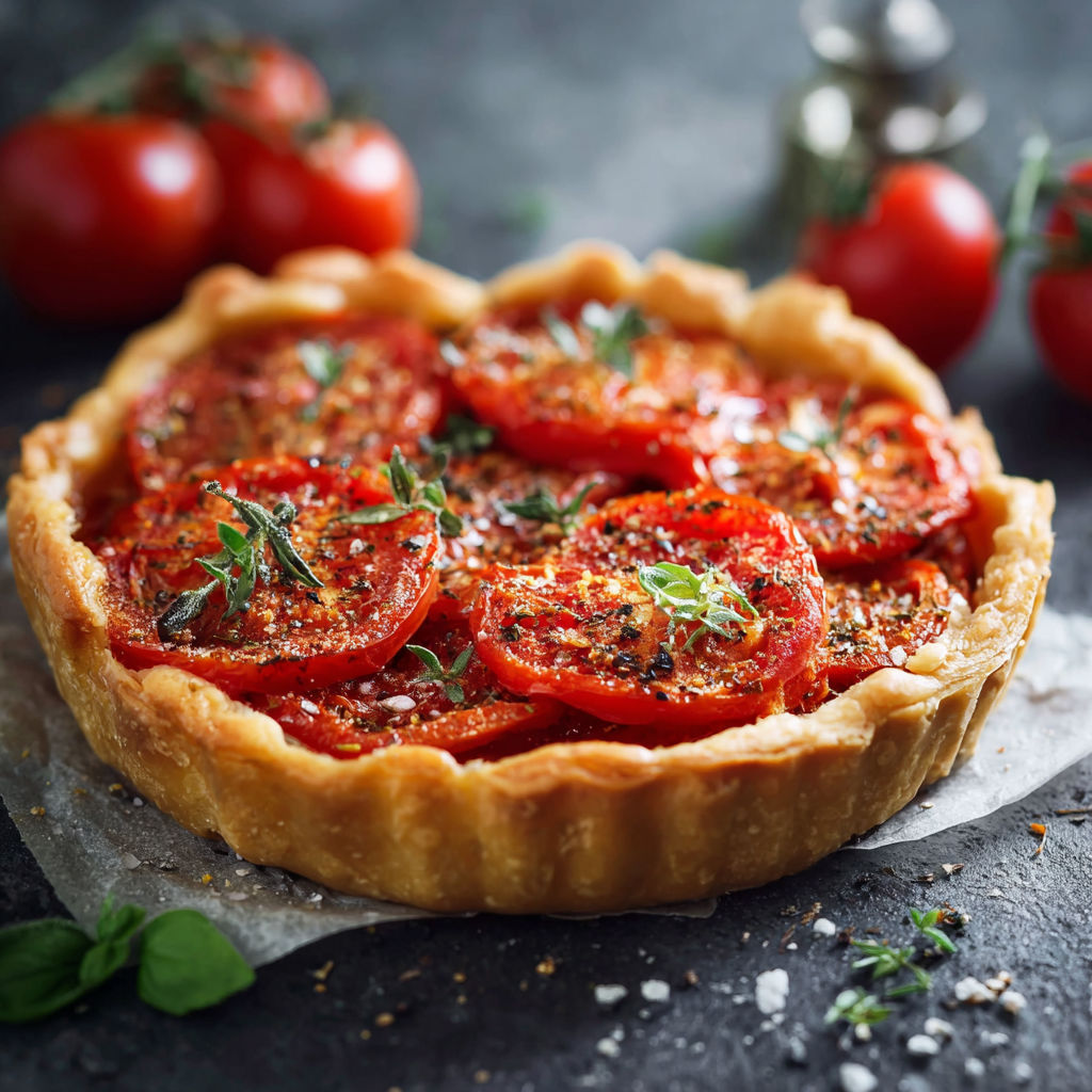 Une tarte aux tomates est servie sur un plateau.